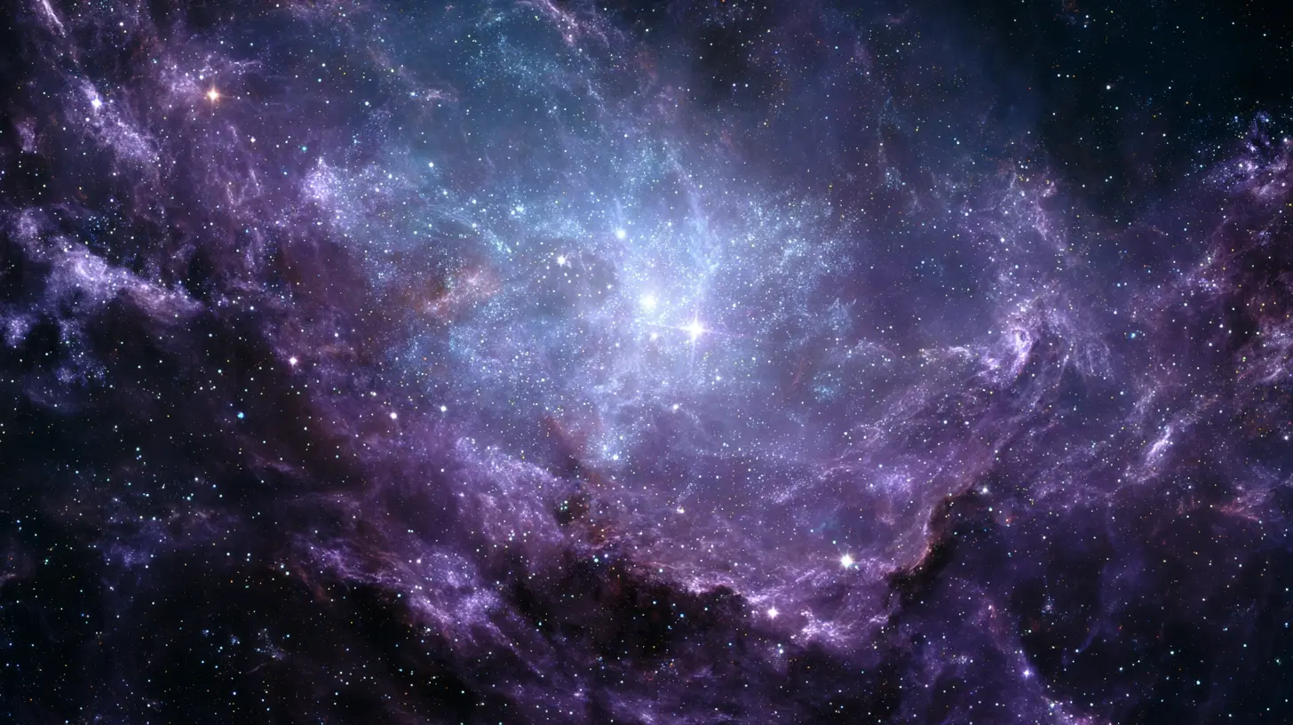 흩어진 조각들이 모여 빛나는 형태를 이루는 추상적 이미지